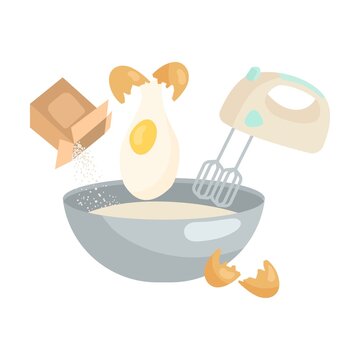 Process of cooking cake or pie cartoon illustration. Adding ingredients in bowl. Preparation concept