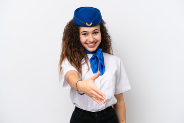 Airplane stewardess Arab woman isolated on white background shaking hands for closing a good deal