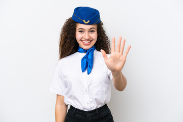 Airplane stewardess Arab woman isolated on white background counting five with fingers