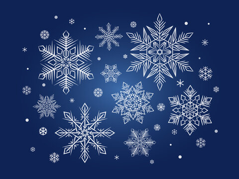 A set of symmetrical, round snowflakes. White snowflakes on a blue background. Snowflake templates of various sizes. Printing postcards. Vector image.