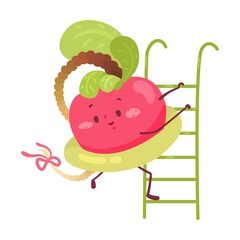 Cute vegetables, fruits character cartoon illustration. Avocado and orange surfing and windsurfing on surf board, radish going down