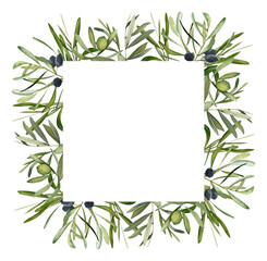 Obraz premium Watercolor hand drawn frame with olive leaf and olives.