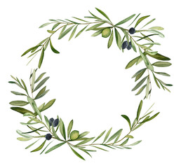 Watercolor hand drawn wreath with olive leaf and olives.