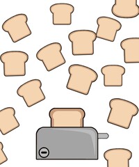 Bread toaster flies in the air isolated on a white background. Morning Ingredients. Illustration of a toaster and flying toasts