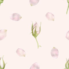 Hand drawn watercolor seamless pattern with pink rose flowers.