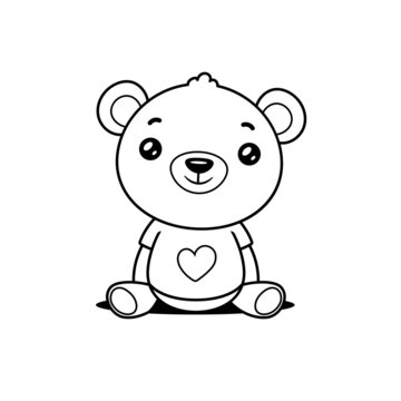 Kawaii teddy bear outline, coloring page vector cartoon illustration