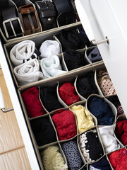 Socks, underwear and shorts folded into an organizer. storage of clothes in a chest of drawers. Organization of storage. Order and cleanliness. Quarantine, self-isolation, housework.