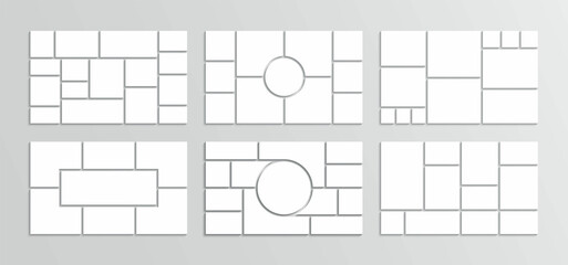Mood board collage grid collection. Photo album template set. Mosaic pictures frame. Retro gallery banner. Moodboard layout. Portfolio images isolated on gray background. Vector illustration