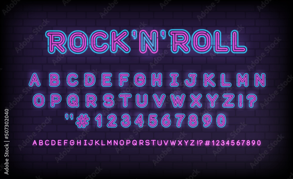 Poster rock'n'roll neon light sign with alphabet vector type font. rock style font. enter letters, numbers,