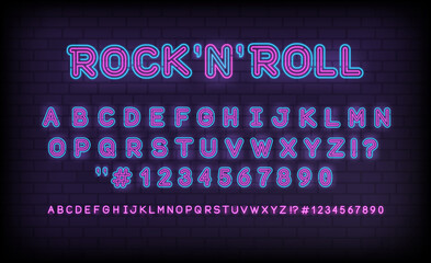 Rock'n'Roll Neon light sign with Alphabet Vector Type Font. Rock style font. Enter letters, numbers, and punctuation marks. Retro Neon style letters and numbers  