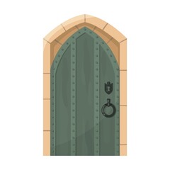 Medieval castle. Door cartoon illustration. Heavy old wooden gates to dungeon or portal in stone. Building facade