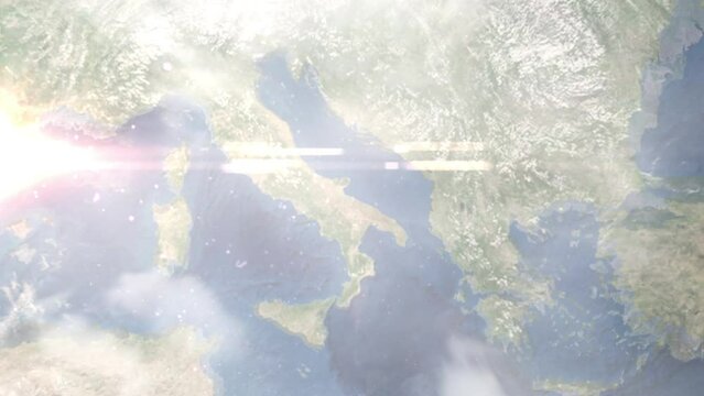 Earth zoom in from outer space to city. Zooming on Barletta, Italy. The animation continues by zoom out through clouds and atmosphere into space. Images from NASA