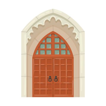 Medieval doors cartoon illustration. Heavy old wooden gates to dungeon or portal in stone. Building facade, fantasy concept