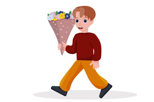Vector Illustration of a cute boy with a beautiful bouquet of flowers. Back to school.  Boy carries a bouquet of flowers.