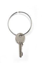 Single Key with Keychain Ring,  Opaque Silver - Top View, Macro Close Up - Isolated on White Background