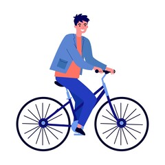 Naklejka premium Adult guy cycling with city on background flat vector illustration. People riding on bikes in urban park. Healthy lifestyle, vacation and leisure