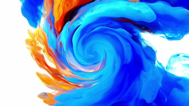 Ink swirl color blue orange cloud drop in water background