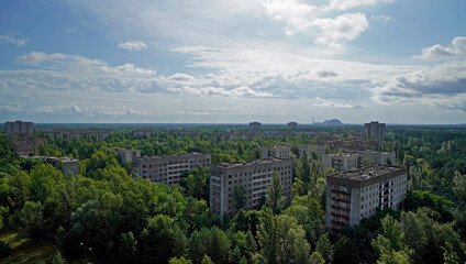 Pripay, a view from a roof, old flower top in a school in Pripyat, Chernobyl Nuclear Power Plant Zone of Alienation