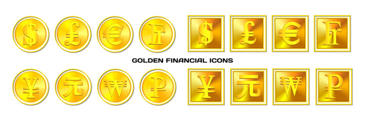 Vector set of round and square golden financial icons. Symbols of world currencies. Dollar, pound, euro, franc, yen, yuan, won and ruble signs with shadow