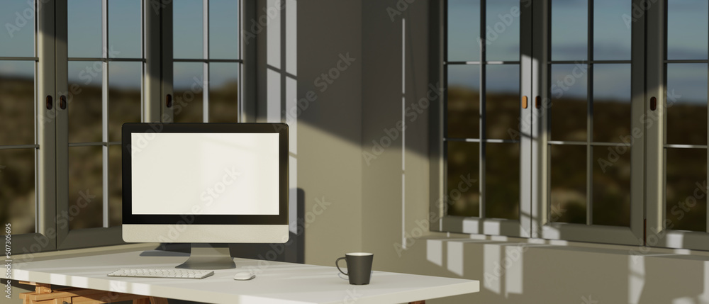 Poster blank screen desktop computer in a minimal office room with decorations and copy space, 3d rendering