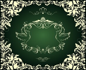 Vintage title horizontal green banner with doves and floral vignette for scrapbook, wedding invitation and announcement ceremony