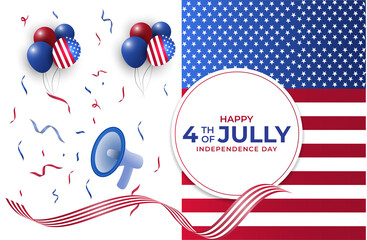 Fourth of july independence day . display Megaphone with balloon  confetti ribbon.
