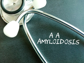 A A amyloidosis medical term on black background for rare disease concept.