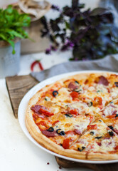 fresh italian classic original pepperoni pizza isolated on white background.