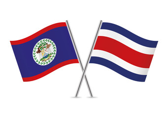 Belize and Costa Rica crossed flags. Belizean and Costa Rican flag on white background. Vector icon set. Vector illustration.