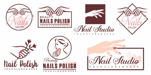 Nail studio or nail polish icon set logo design for beauty salon with unique concept