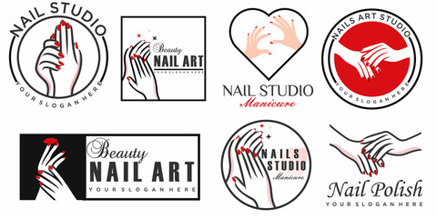 Nails art salon vector logo.Illustration of woman hand with elegant, beautiful manicure.