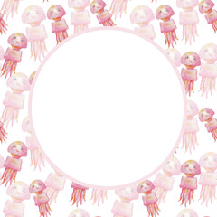 Watercolor frame from hand painted illustration of pink jellyfish. Sea animal creature, ocean life. Blank template in round shape for greeting postcards, invitation cards, birthday invitations