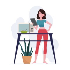 Fototapeta premium Girl using gadgets at home. Laptop, smartphone, tablet users enjoying leisure flat vector illustration. Wireless technology