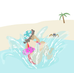 Obraz na płótnie Canvas Frau springt mit Bombe in Swimmingpool, hält sich die Nase zu und hat Schwimmreifen, Sommerszene, dicke Frau