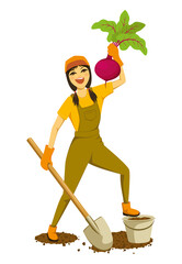 Horticulturist Harvested Beets in the Vegetable Garden, Delighted with the Size of the Vegetable, Vector Illustration