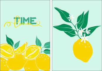 Lemon in modern style. Citrus on a blue background with lettering. Modern contemporary vector illustration. print design.