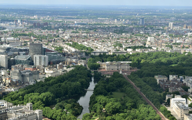 Buckingham Palace and Westminster from the air - helicopter view, St James's Park