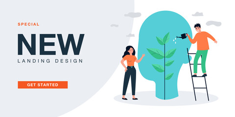 Tiny man and woman watering plant inside abstract head. Support for people in learning flat vector illustration. Mind growth, mental therapy concept for banner, website design or landing web page