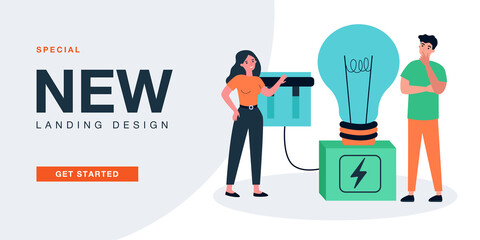 Woman pushing toggle switch, lighting bright light bulb. Tiny persons standing with electric lamp flat vector illustration. Business idea concept for banner, website design or landing web page