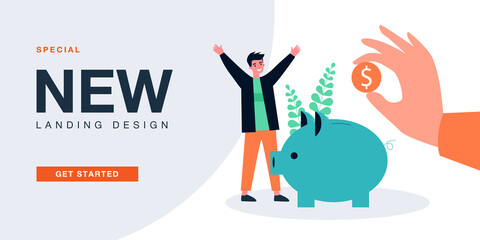 Tiny man standing near piggy bank with giant hand putting dollar coin in it. Male character saving money flat vector illustration. Budget, finance concept for banner, website design, landing web page