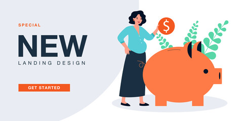 Tiny pregnant woman standing near piggy bank with dollar coin in hand. Future mother saving money for baby flat vector illustration. Family budget concept for banner, website design, landing web page