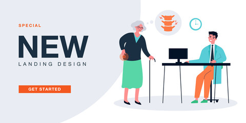 Old woman with back pain in hospital at doctor appointment. Diagnostics of arthritis, osteoporosis in elderly flat vector illustration. Medicine concept for banner, website design or landing web page