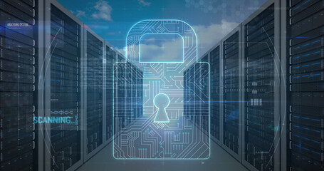 Image of online security padlock and data processing over computer servers