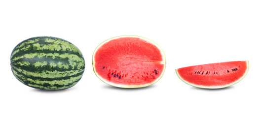Set Fresh juicy watermelons sliced half that are ready to eat. isolated on white background.