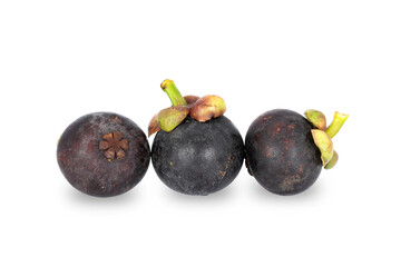 Three ripe mangosteens Queen of fruits isolated on white background.