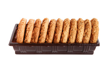 Oatmeal, fig, hazelnut, pistachio and sesame cookies on a white background. Enjoyable snack.