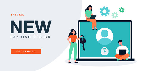 Tiny people with account under lock on laptop screen. Woman with key helping unblock profile flat vector illustration. Banned access, restriction concept for banner, website design or landing web page