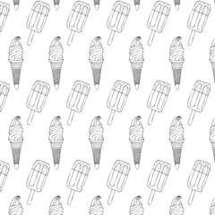 Graphic style pattern. hand-drawn drawing. ice cream in a cone and on a stick. pattern on white background. black and white graphics