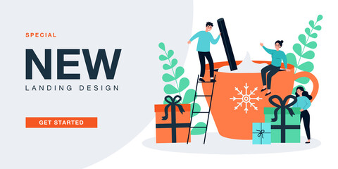 Tiny people making hot drink together. Cup of coffee with cream surrounded by gift boxes flat vector illustration. Christmas holiday, wintertime concept for banner, website design or landing web page