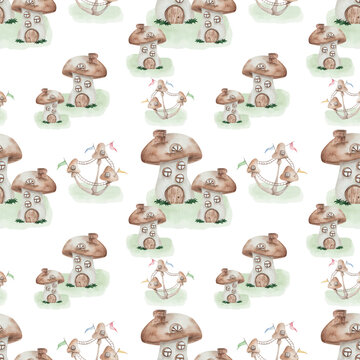 Watercolor seamless pattern from hand painted illustration of brown mushroom houses with windows, doors, lawn. Champignon cottages. Fungus huts. Print on white background for fabric textile, wallpaper